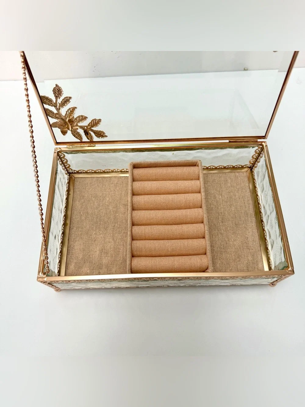 Rose Gold Glass Jewelry Box Butterfly Floral Design Ring Organizer Display Case